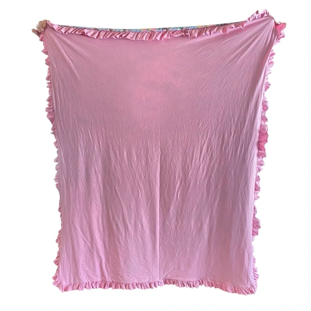 Whimsical Floral Horse Print Throw Blanket w/Solid Pink on the back side Ruffles
